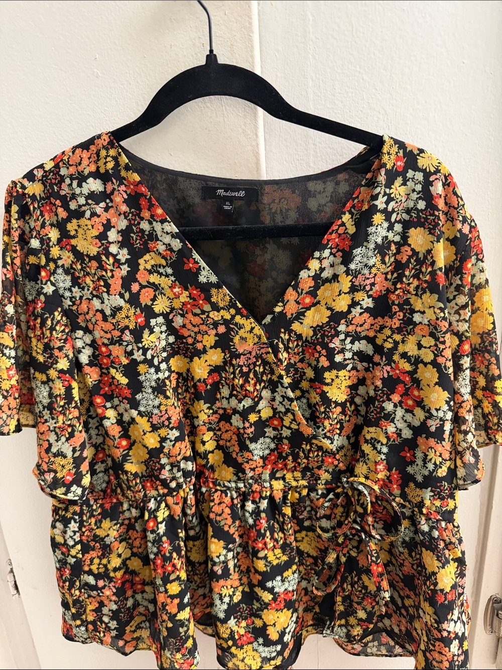 Madewell Black Floral Wrap Top with Yellow & Coral Blooms